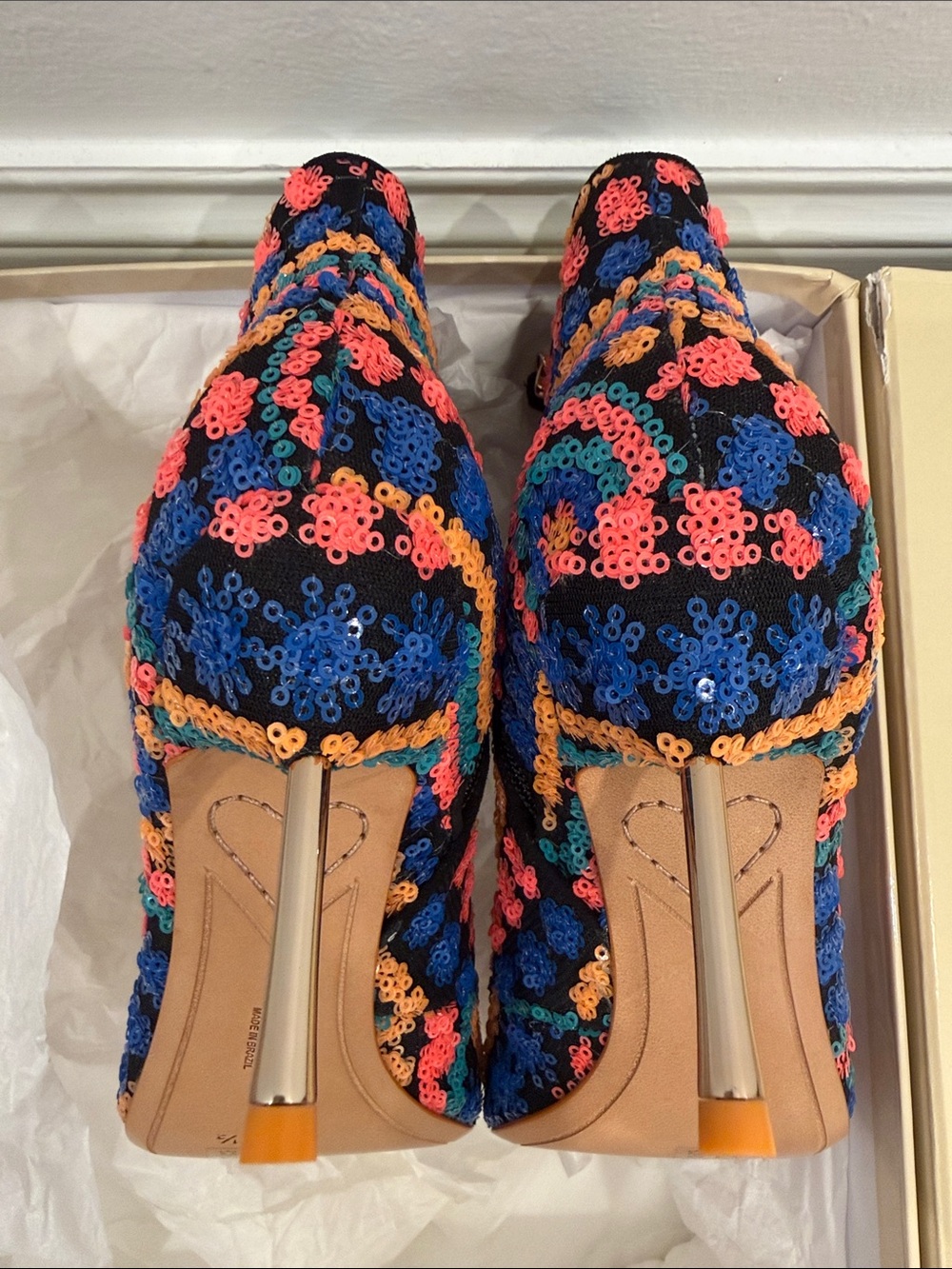Sophia Webster Rainbow Sequin Booties 37.5 Art Deco Statement Heels NWT - Picture 8 of 10